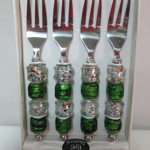 Wild Eye Designs Appetizer Art Glass small Forks silverware green set NEW NIB - Picture 2 of 6